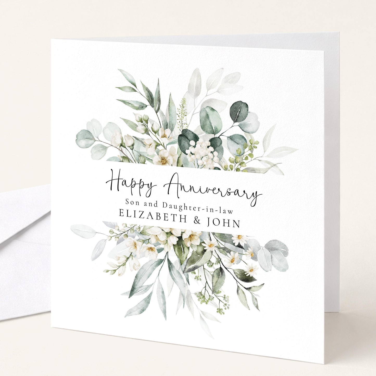 Anniversary Card Son Daughter – Personalised Wedding Anniversary Card With Elegant Greenery Design