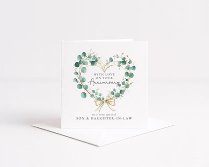 Anniversary Card Son Daughter-in-Law – Personalised Botanical Eucalyptus Heart Design