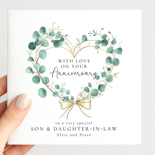 Anniversary Card Son Daughter-in-Law – Personalised Botanical Eucalyptus Heart Design