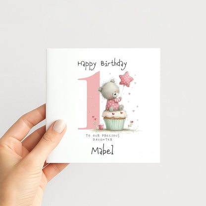 Bear First Birthday Card - Personalised Pink Cupcake Card For Daughter