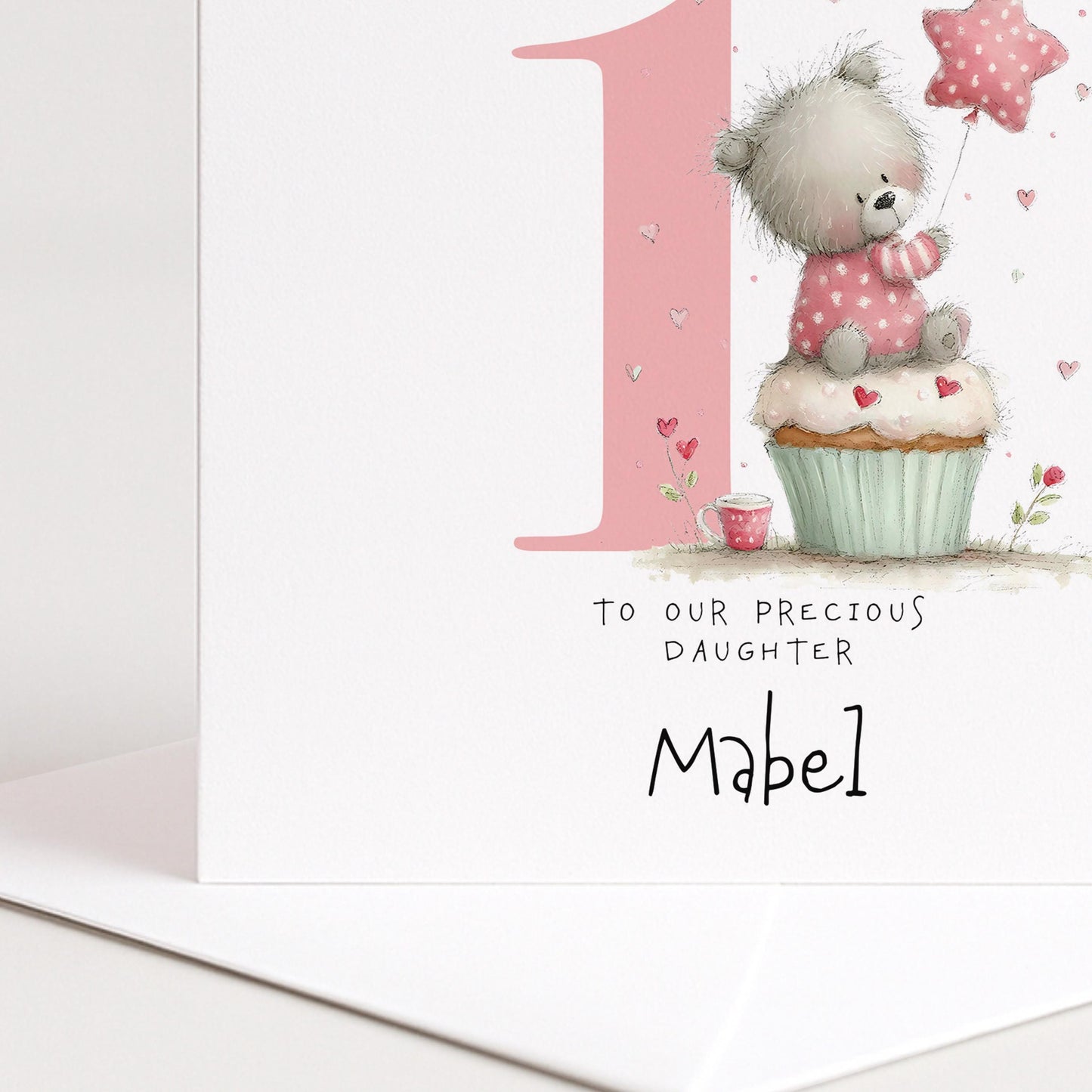 Bear First Birthday Card - Personalised Pink Cupcake Card For Daughter