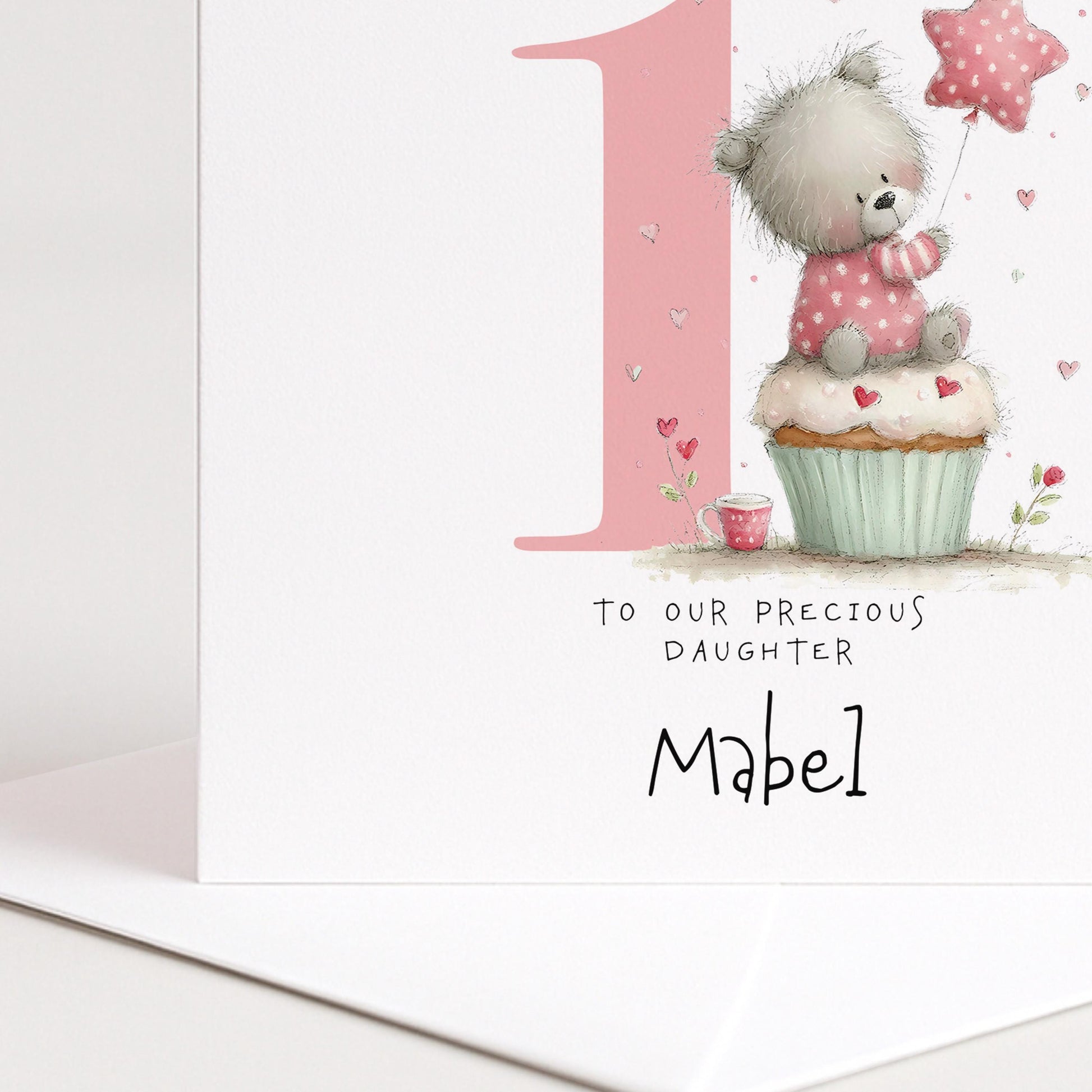 Bear First Birthday Card - Personalised Pink Cupcake Card For Daughter