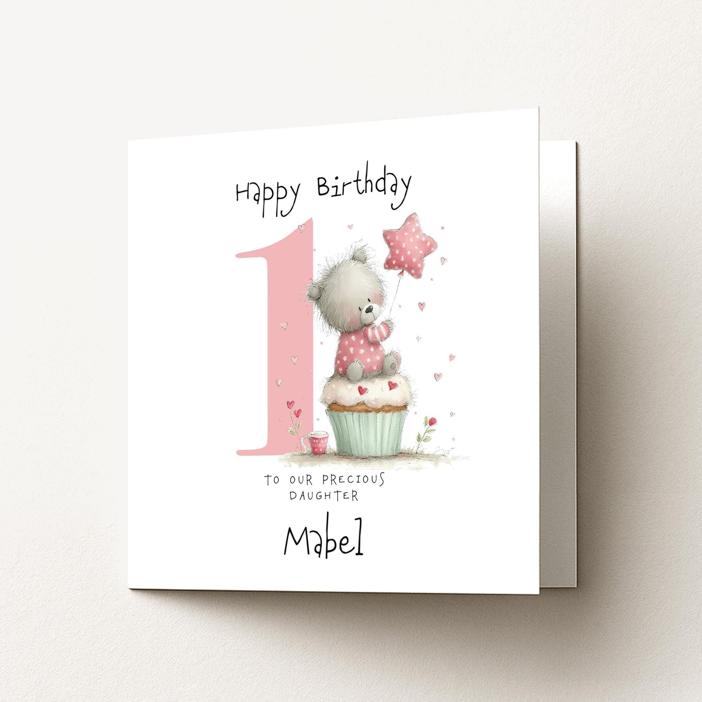 Bear First Birthday Card - Personalised Pink Cupcake Card For Daughter