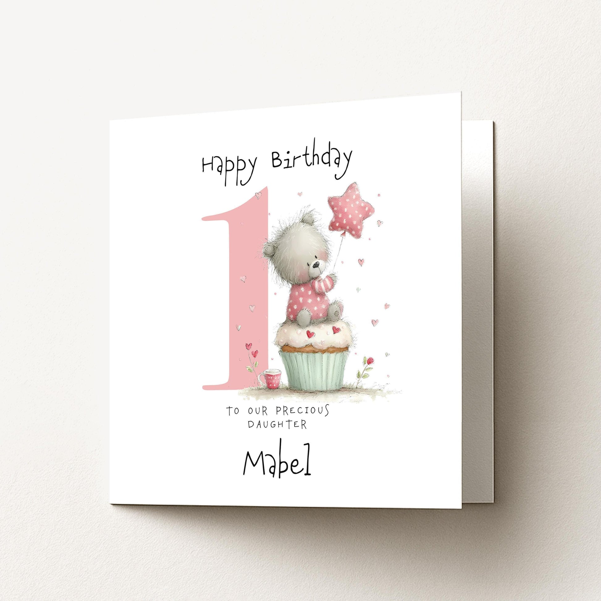 Bear First Birthday Card - Personalised Pink Cupcake Card For Daughter
