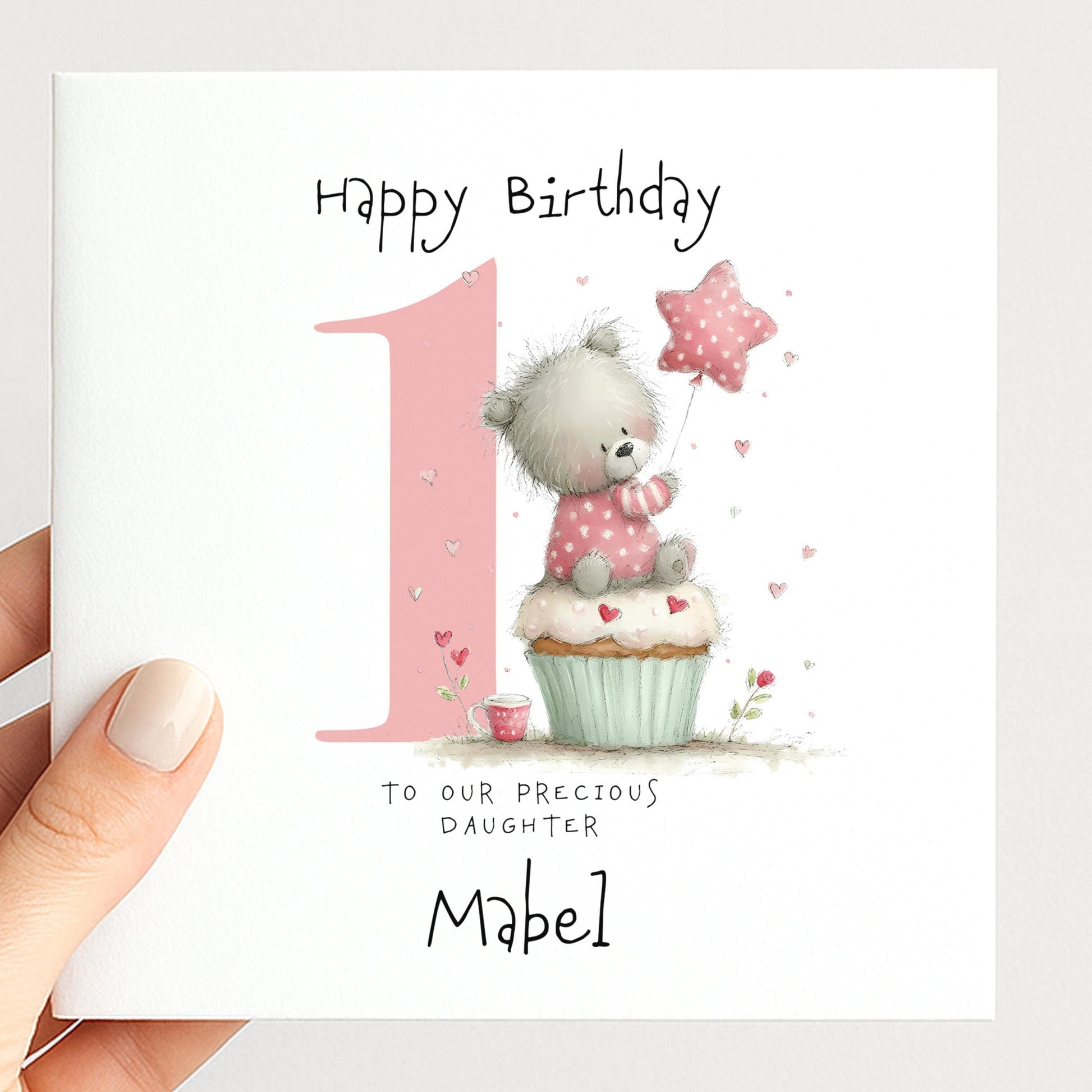Bear First Birthday Card - Personalised Pink Cupcake Card For Daughter