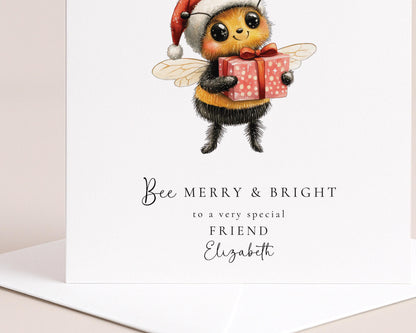 Bee Merry Christmas Card – Personalised Festive Bee Greeting on Luxury 300gsm Card