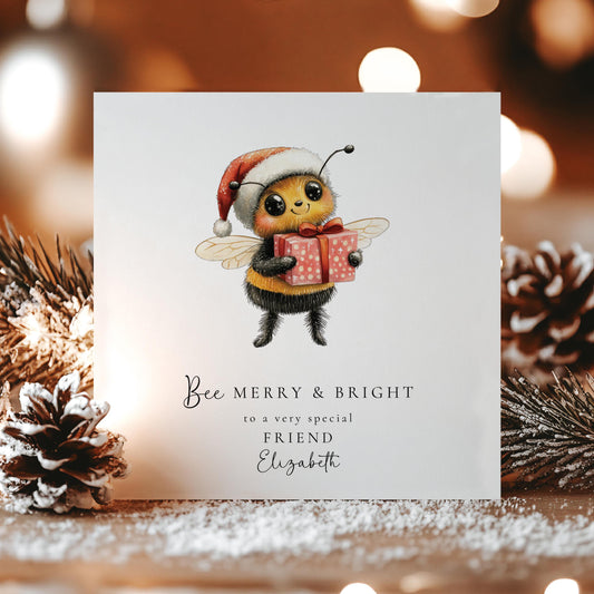 Bee Merry Christmas Card – Personalised Festive Bee Greeting on Luxury 300gsm Card
