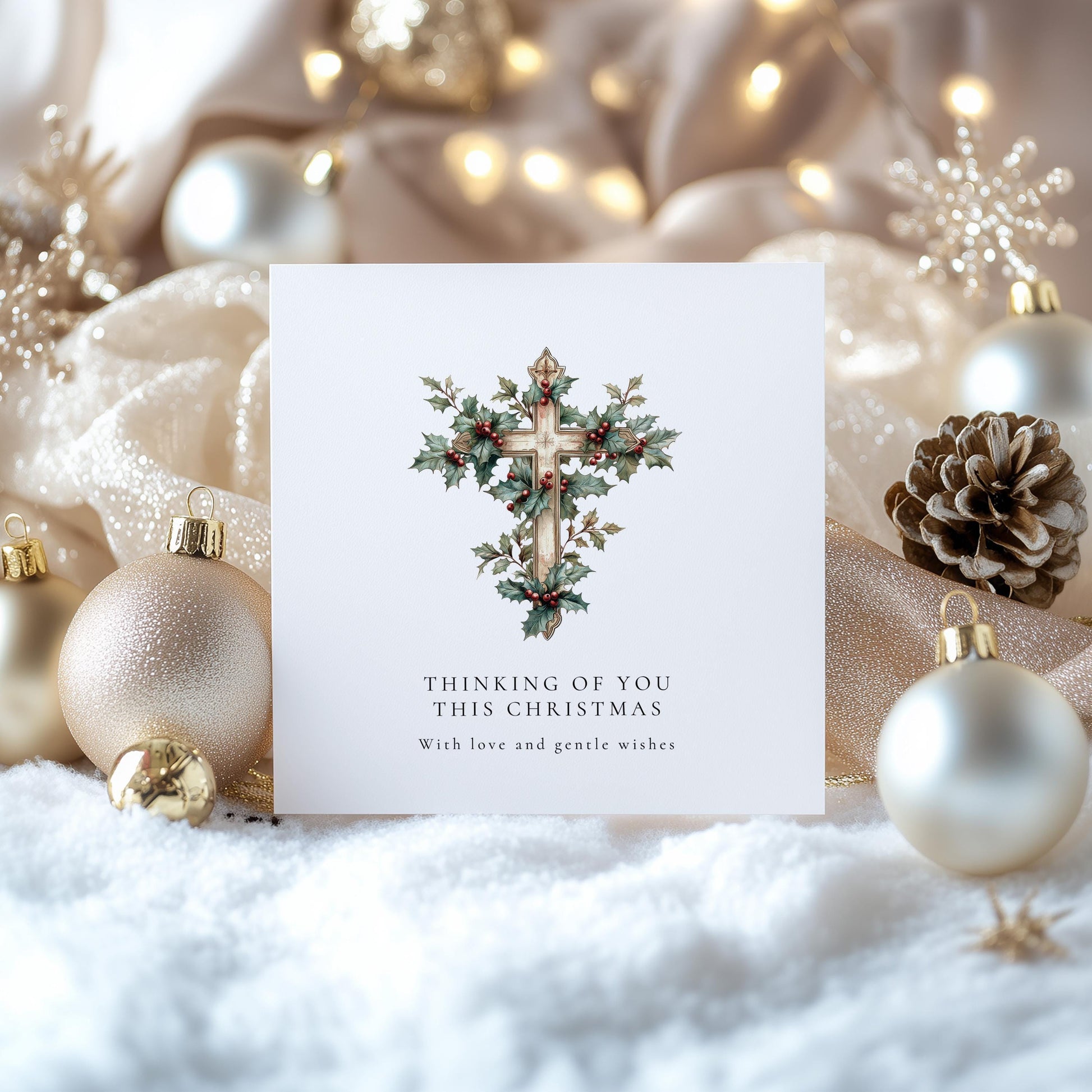 Bereavement Christmas Card – Personalised Sympathy Card With Holly Cross Design