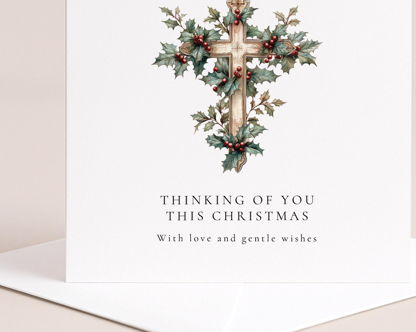 Bereavement Christmas Card – Personalised Sympathy Card With Holly Cross Design