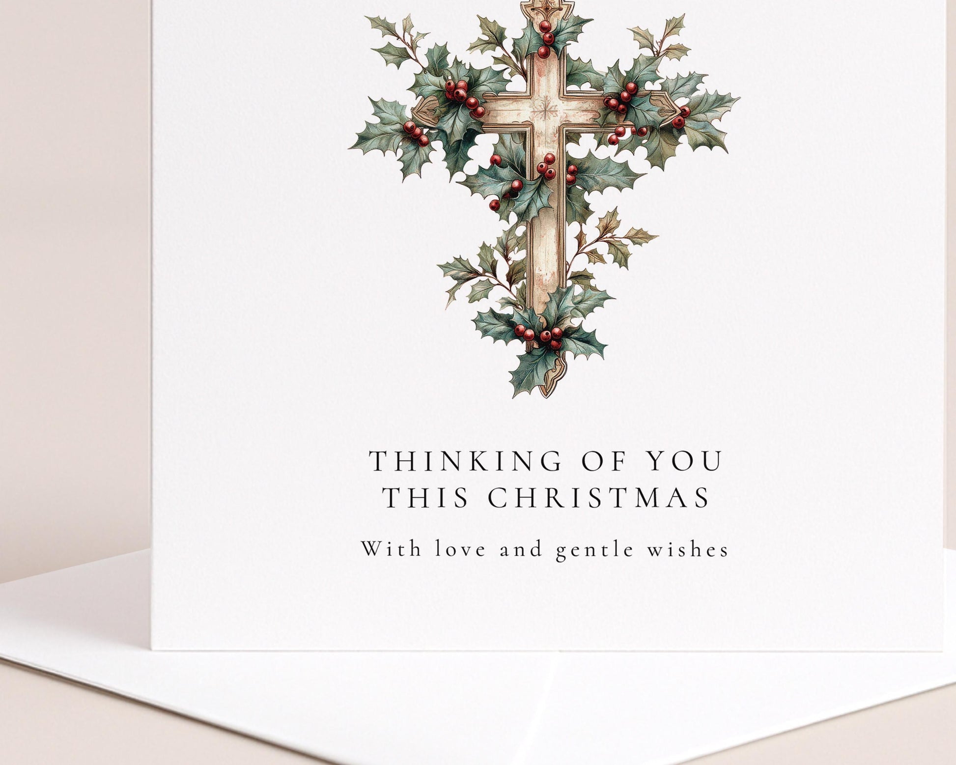 Bereavement Christmas Card – Personalised Sympathy Card With Holly Cross Design