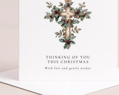 Bereavement Christmas Card – Personalised Sympathy Card With Holly Cross Design