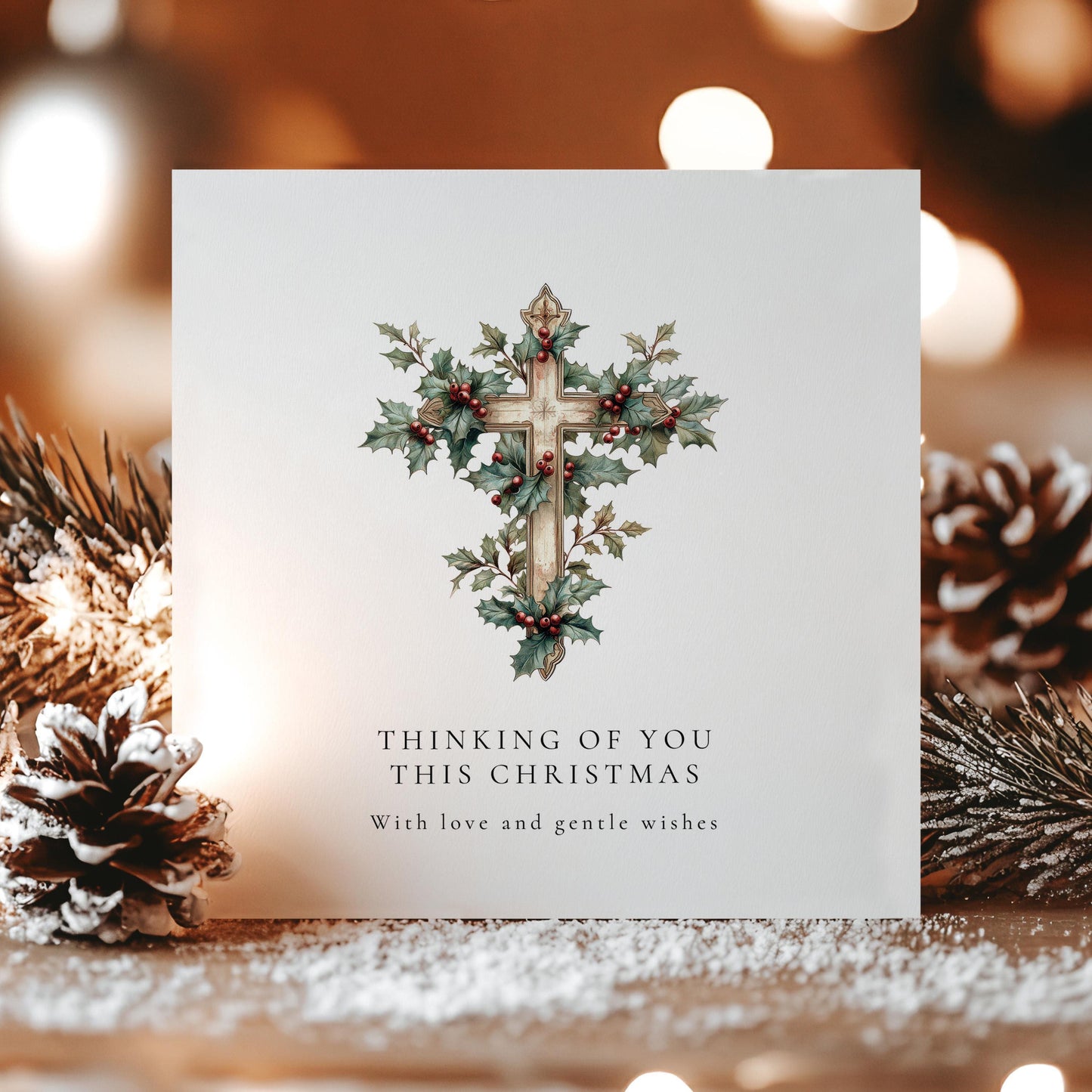 Bereavement Christmas Card – Personalised Sympathy Card With Holly Cross Design