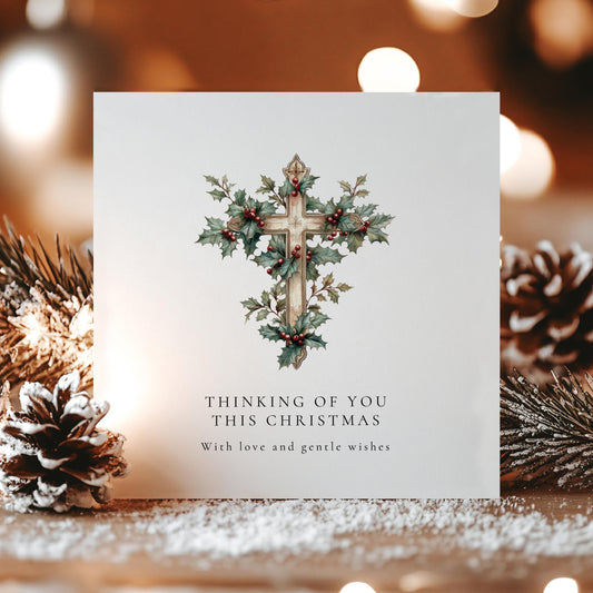 Bereavement Christmas Card – Personalised Sympathy Card With Holly Cross Design