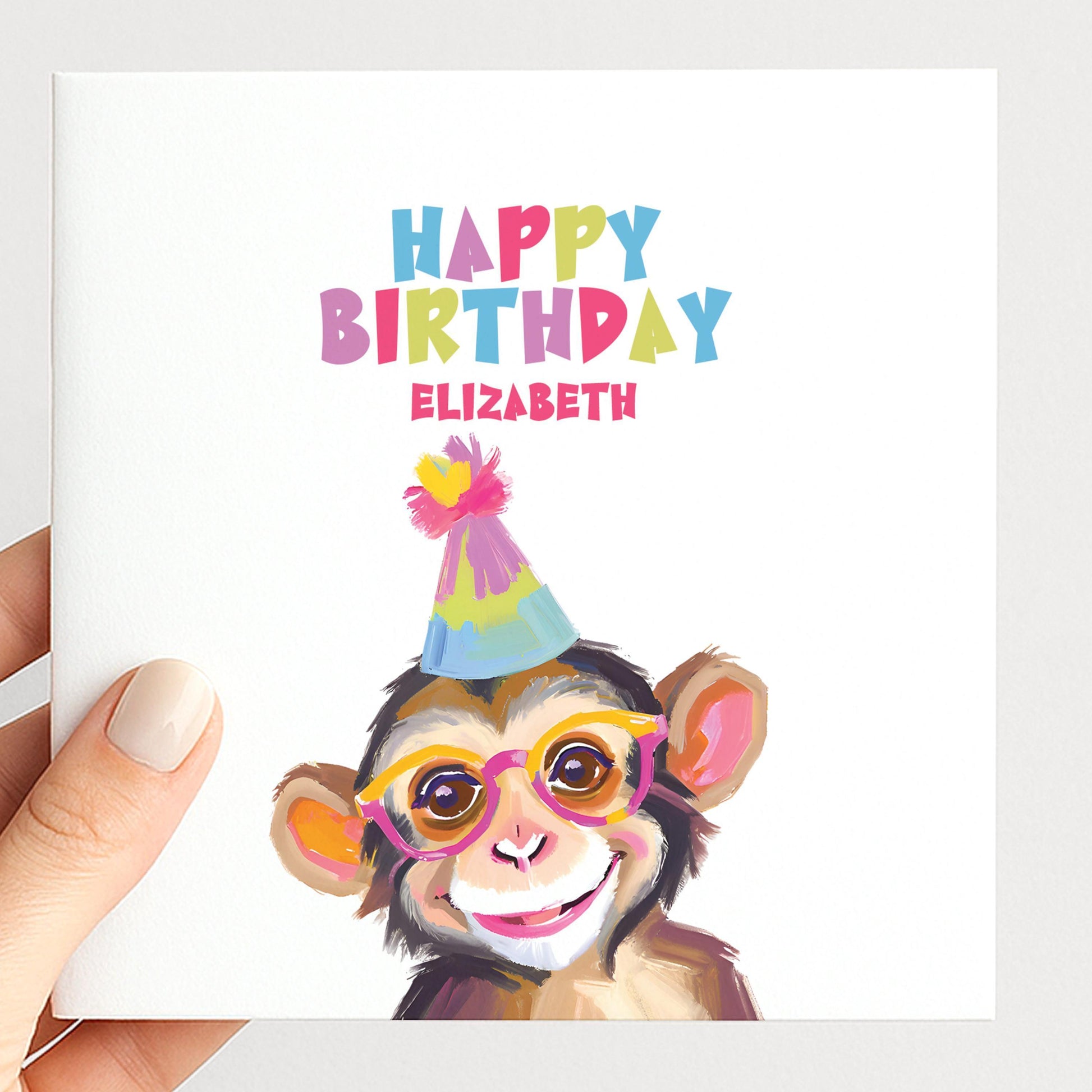 Birthday Card Child – Personalised Colourful Monkey Design With Matte Finish