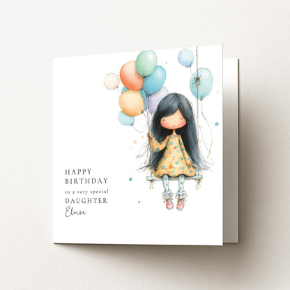 Birthday Card Daughter – Personalised Cute Girl Balloon Card With Envelope Included