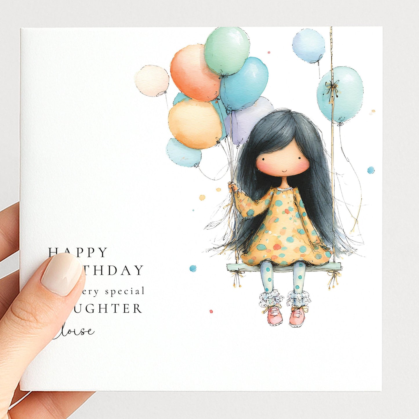 Birthday Card Daughter – Personalised Cute Girl Balloon Card With Envelope Included