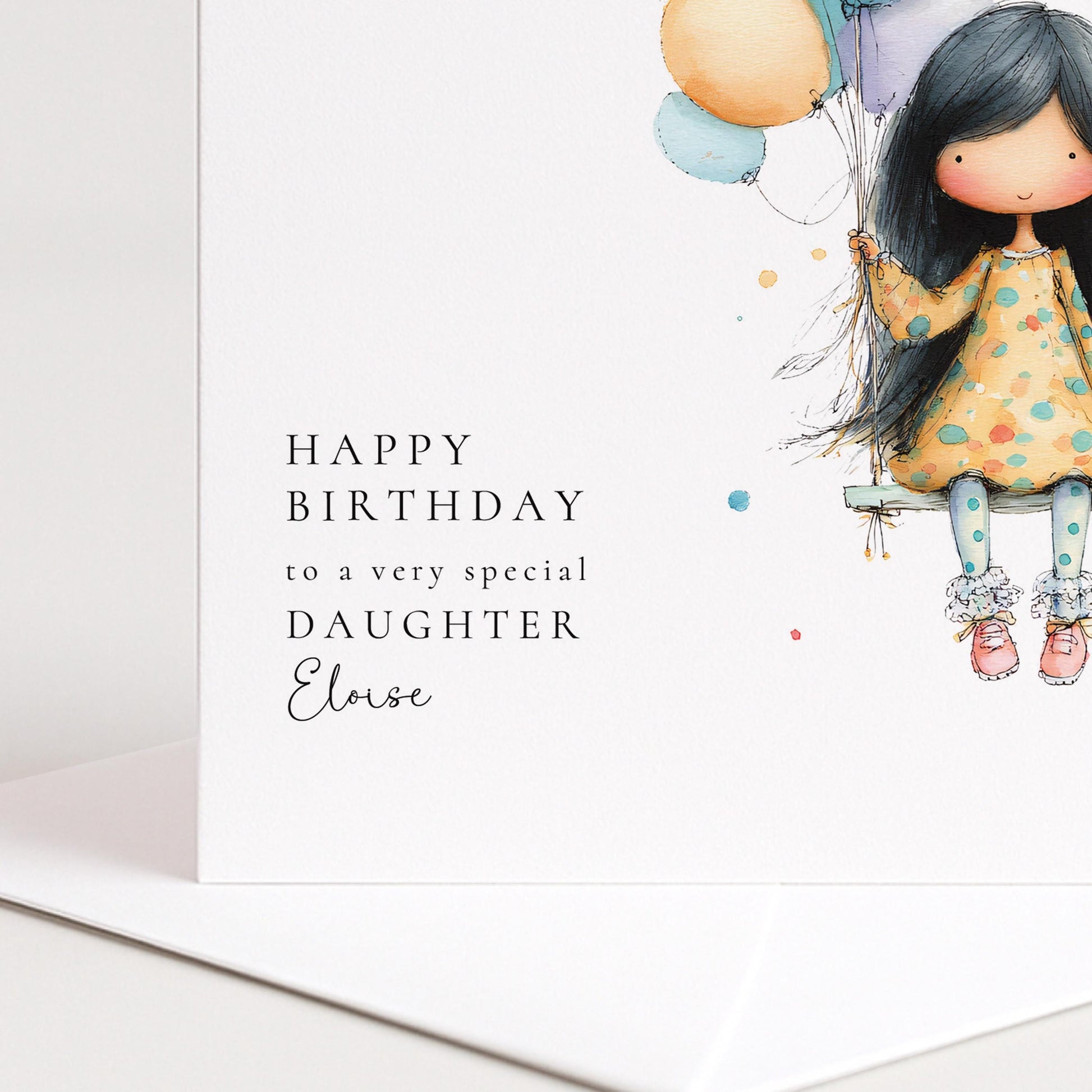 Birthday Card Daughter – Personalised Cute Girl Balloon Card With Envelope Included