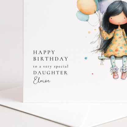Birthday Card Daughter – Personalised Cute Girl Balloon Card With Envelope Included