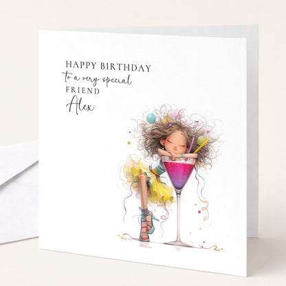Birthday Card Friend - Personalised Cocktail Birthday Party Card With Custom Name