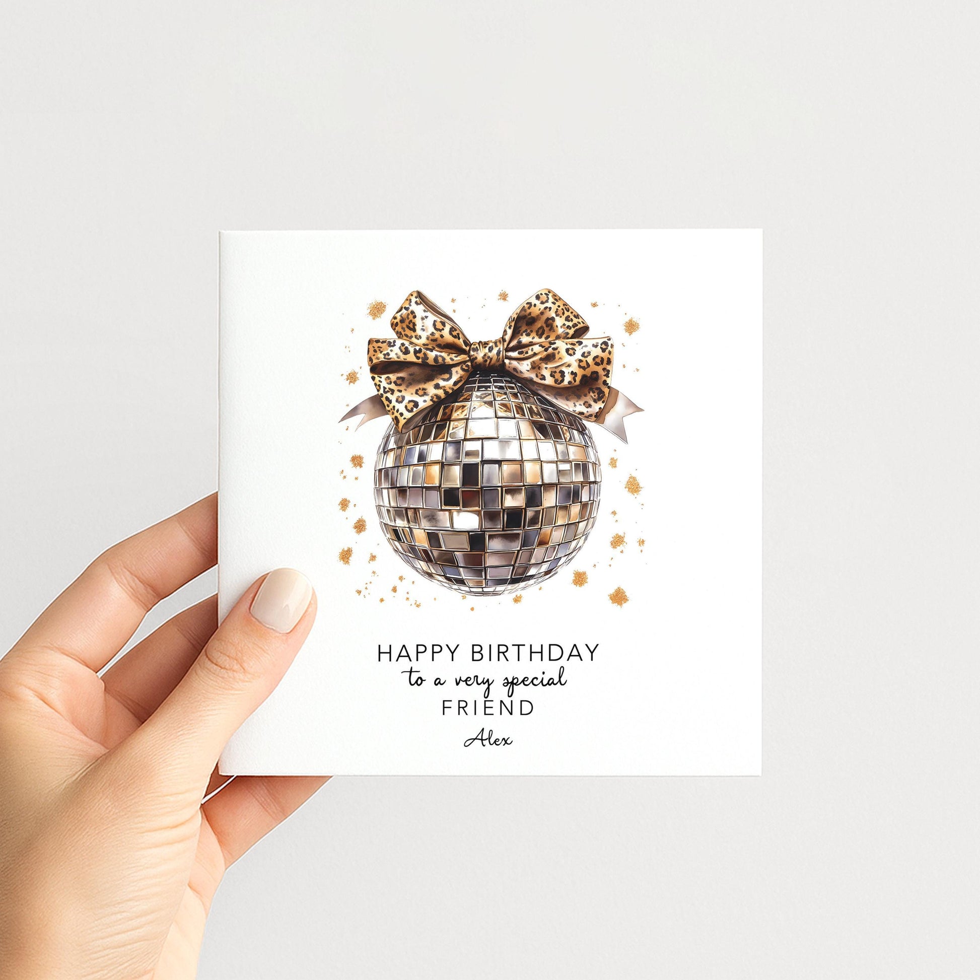 Birthday Card Friend - Stylish Disco Ball Leopard Print Folded Greeting Card