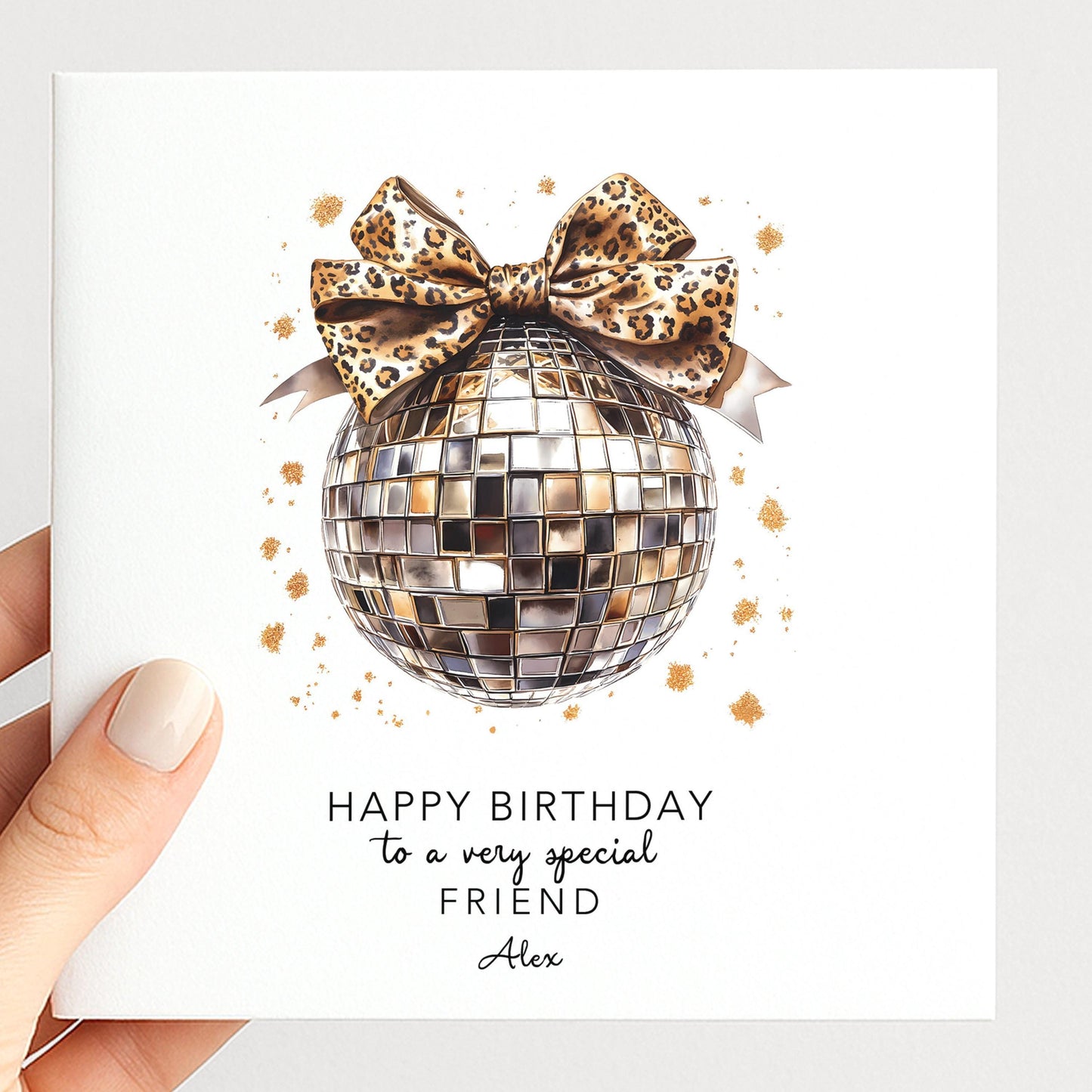 Birthday Card Friend - Stylish Disco Ball Leopard Print Folded Greeting Card
