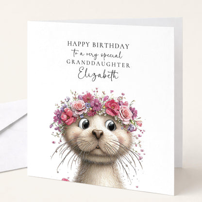 Birthday Card Granddaughter – Cute Animal Card with Floral Crown Design