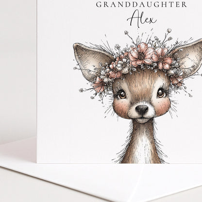 Birthday Card Granddaughter – Personalised Floral Deer Design | Soft Matte Finish