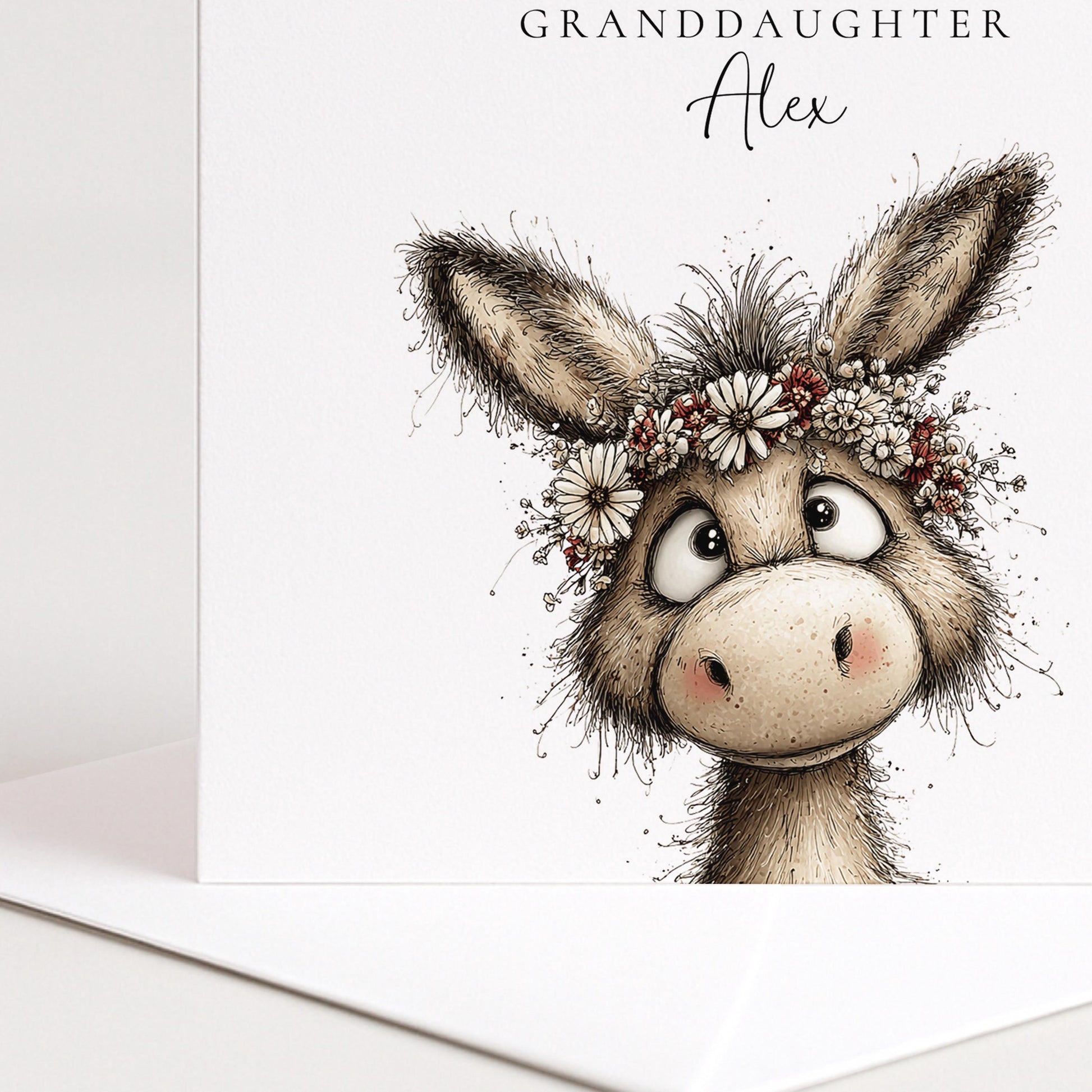 Birthday Card Granddaughter – Personalised Floral Donkey Design With Custom Name