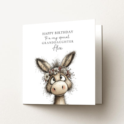 Birthday Card Granddaughter – Personalised Floral Donkey Design With Custom Name