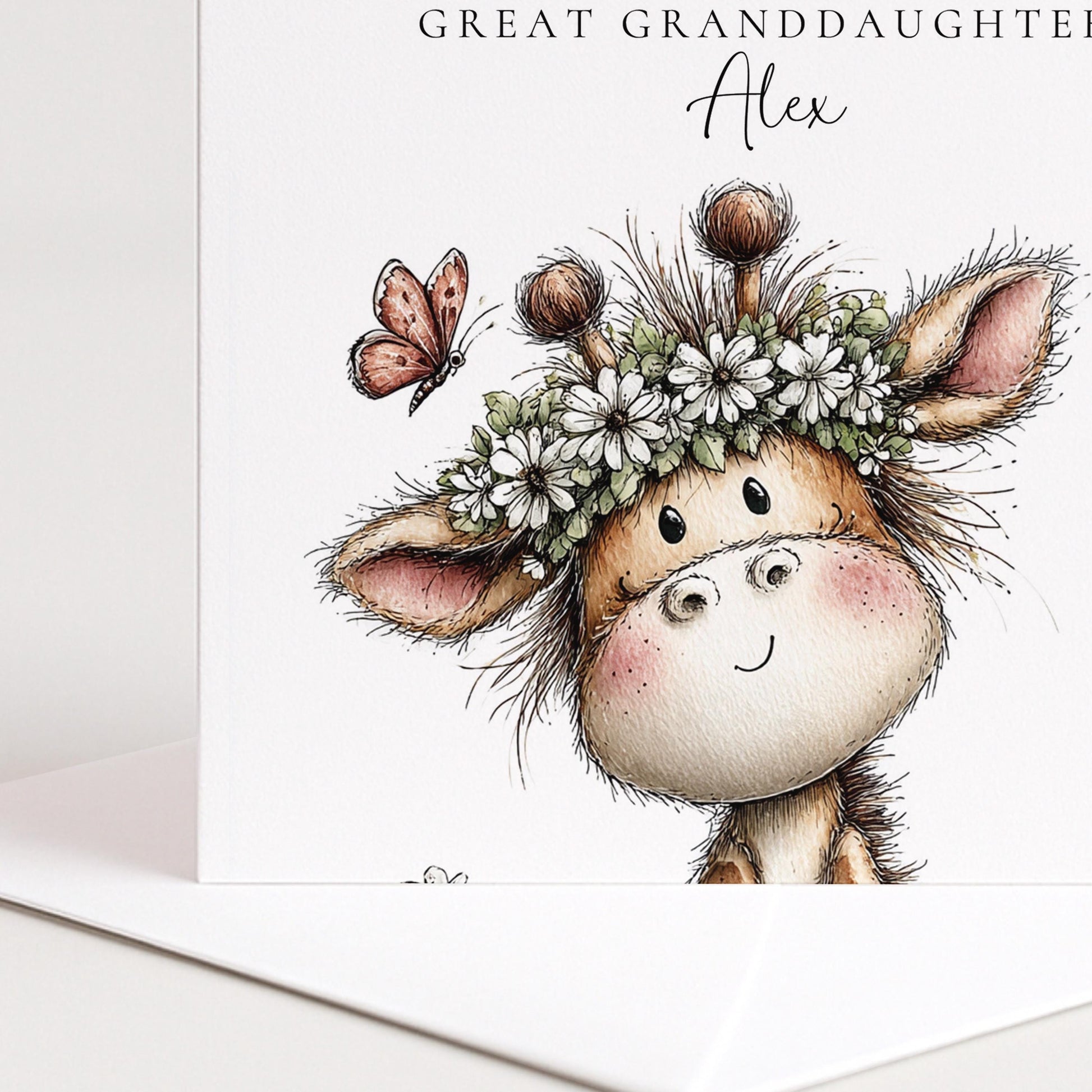 Birthday Card Great Granddaughter – Personalised Floral Giraffe Design Matte Finish