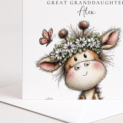 Birthday Card Great Granddaughter – Personalised Floral Giraffe Design Matte Finish