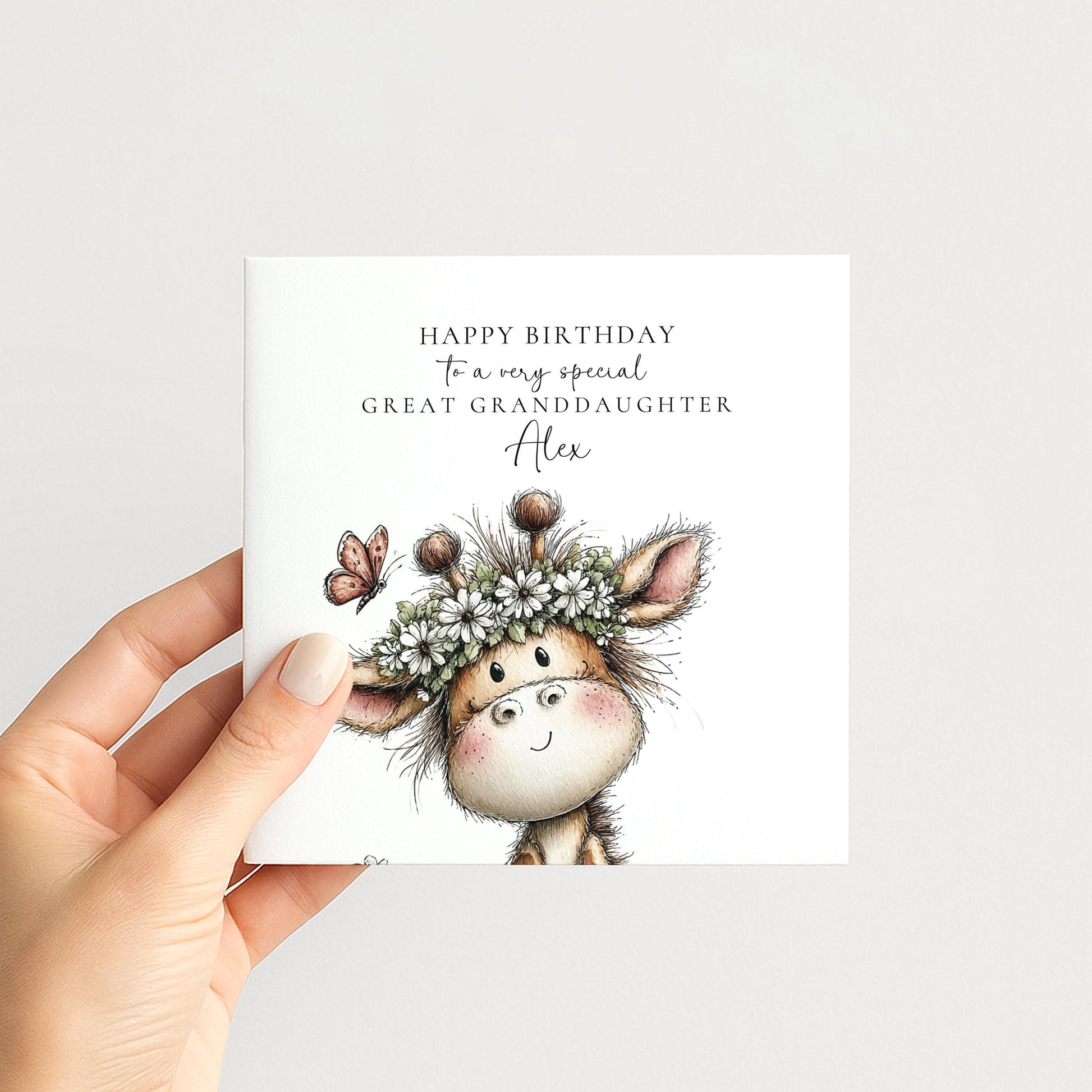 Birthday Card Great Granddaughter – Personalised Floral Giraffe Design Matte Finish