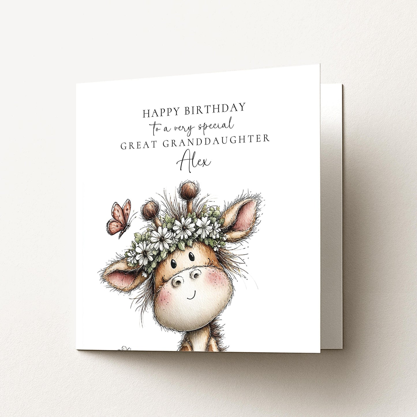 Birthday Card Great Granddaughter – Personalised Floral Giraffe Design Matte Finish