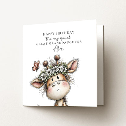 Birthday Card Great Granddaughter – Personalised Floral Giraffe Design Matte Finish