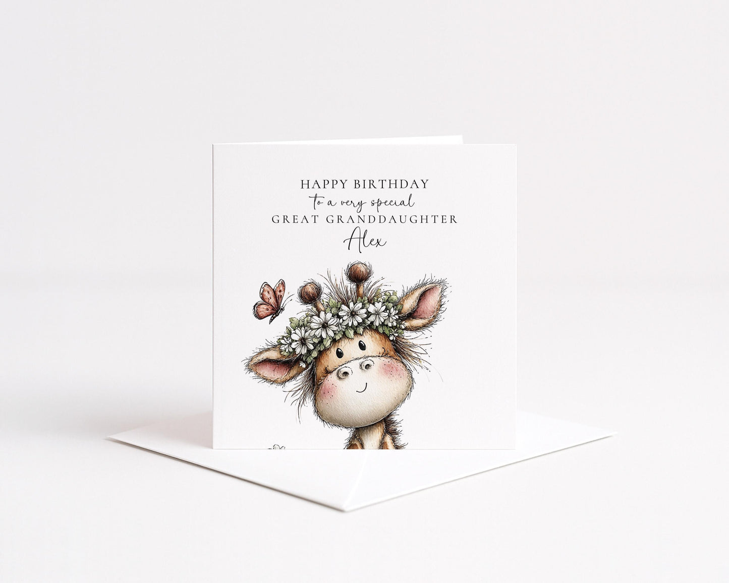 Birthday Card Great Granddaughter – Personalised Floral Giraffe Design Matte Finish