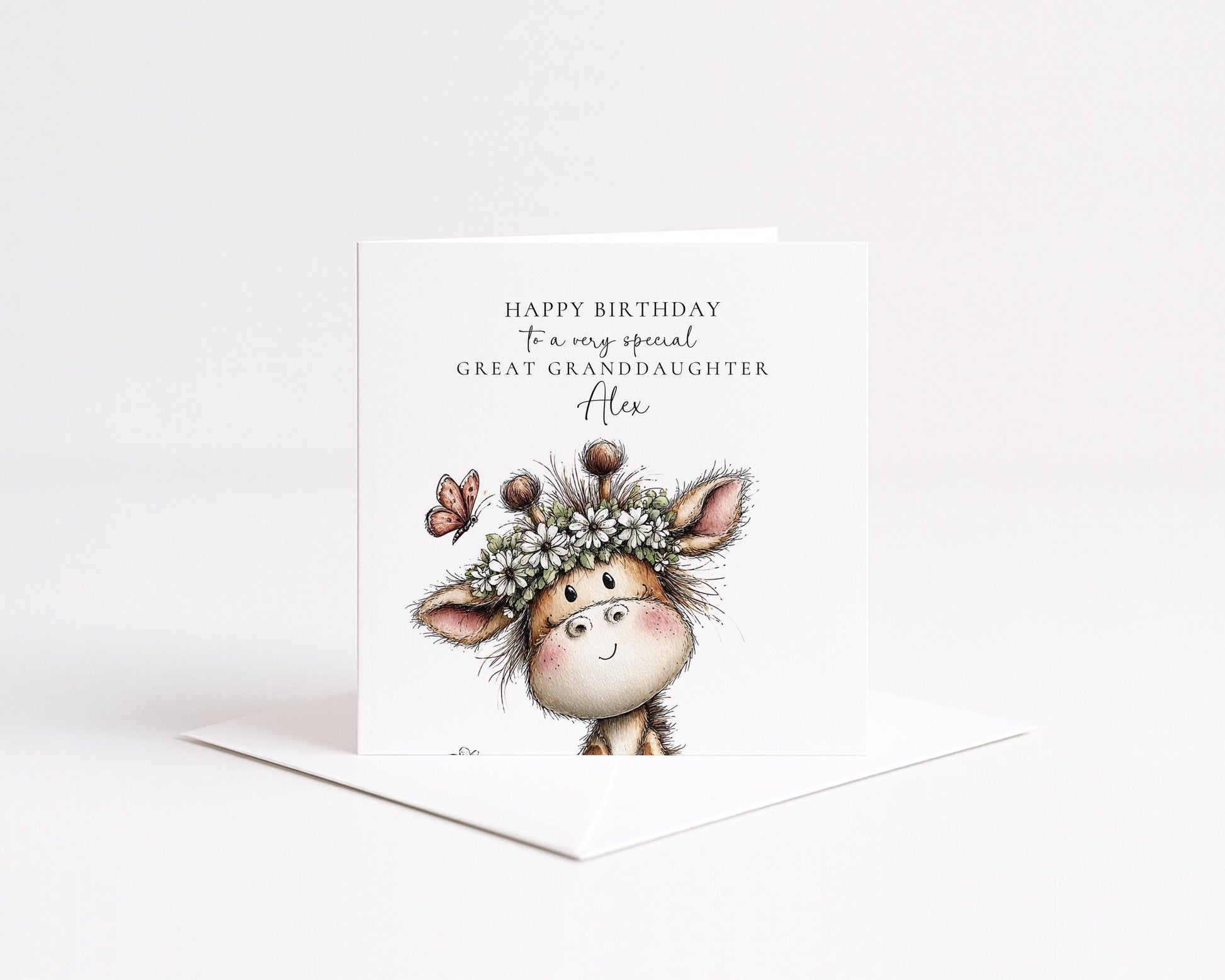 Birthday Card Great Granddaughter – Personalised Floral Giraffe Design Matte Finish