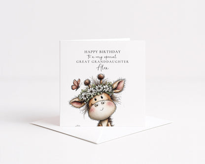 Birthday Card Great Granddaughter – Personalised Floral Giraffe Design Matte Finish
