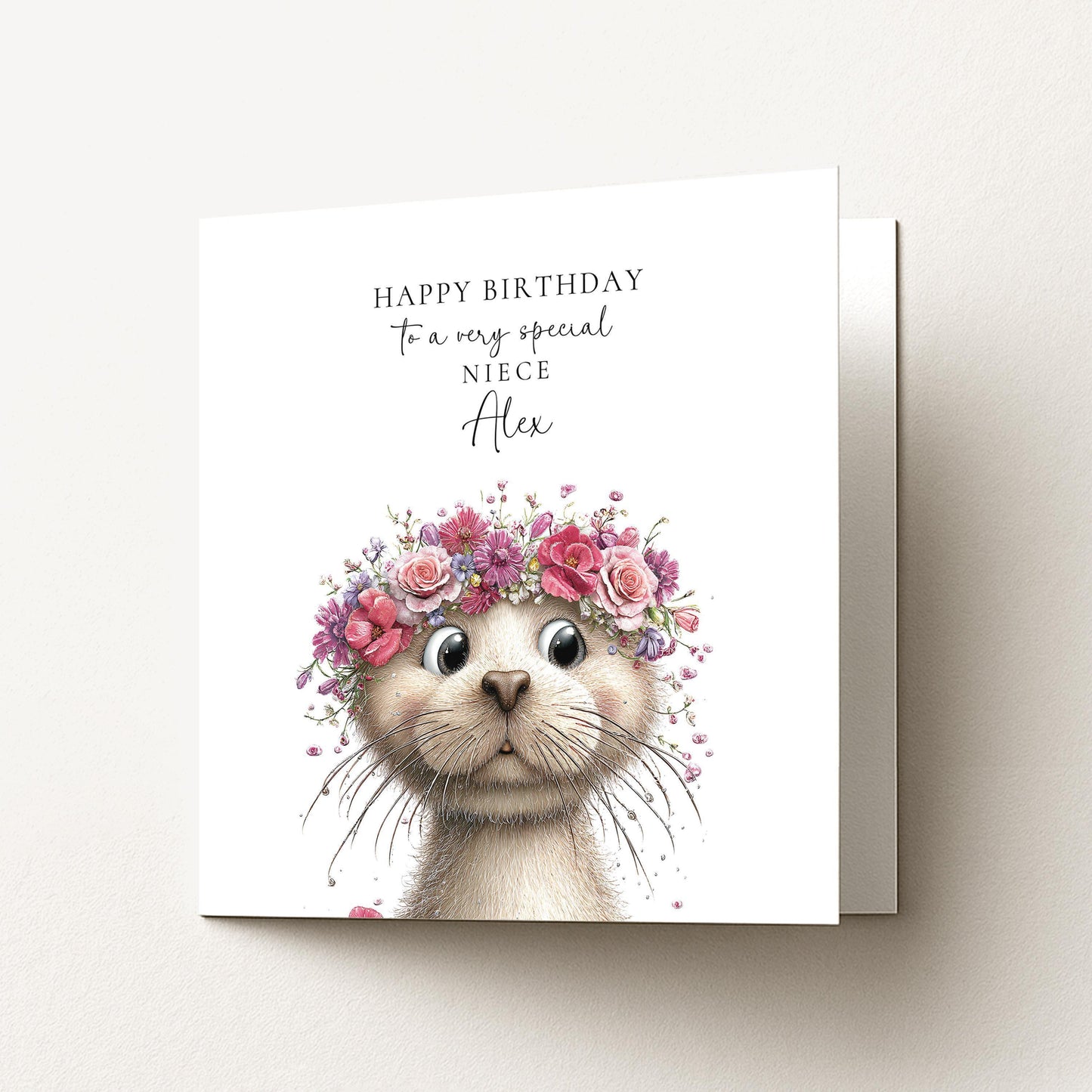 Birthday Card Niece – Personalised Floral Otter Design | Custom Name Card