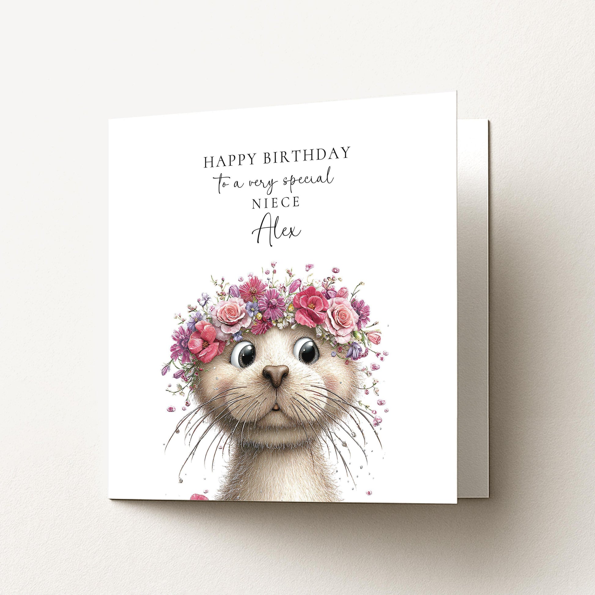 Birthday Card Niece – Personalised Floral Otter Design | Custom Name Card