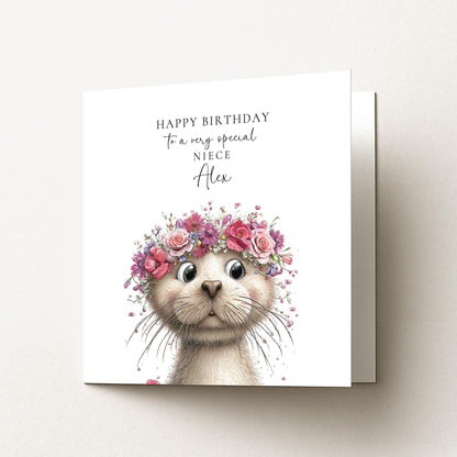 Birthday Card Niece – Personalised Floral Otter Design | Custom Name Card