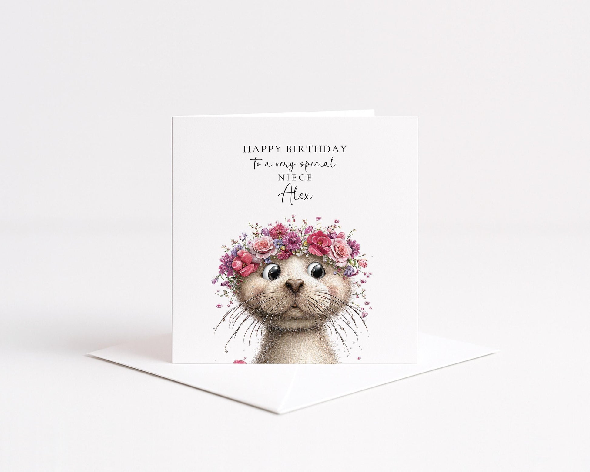 Birthday Card Niece – Personalised Floral Otter Design | Custom Name Card