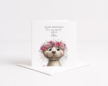 Birthday Card Niece – Personalised Floral Otter Design | Custom Name Card