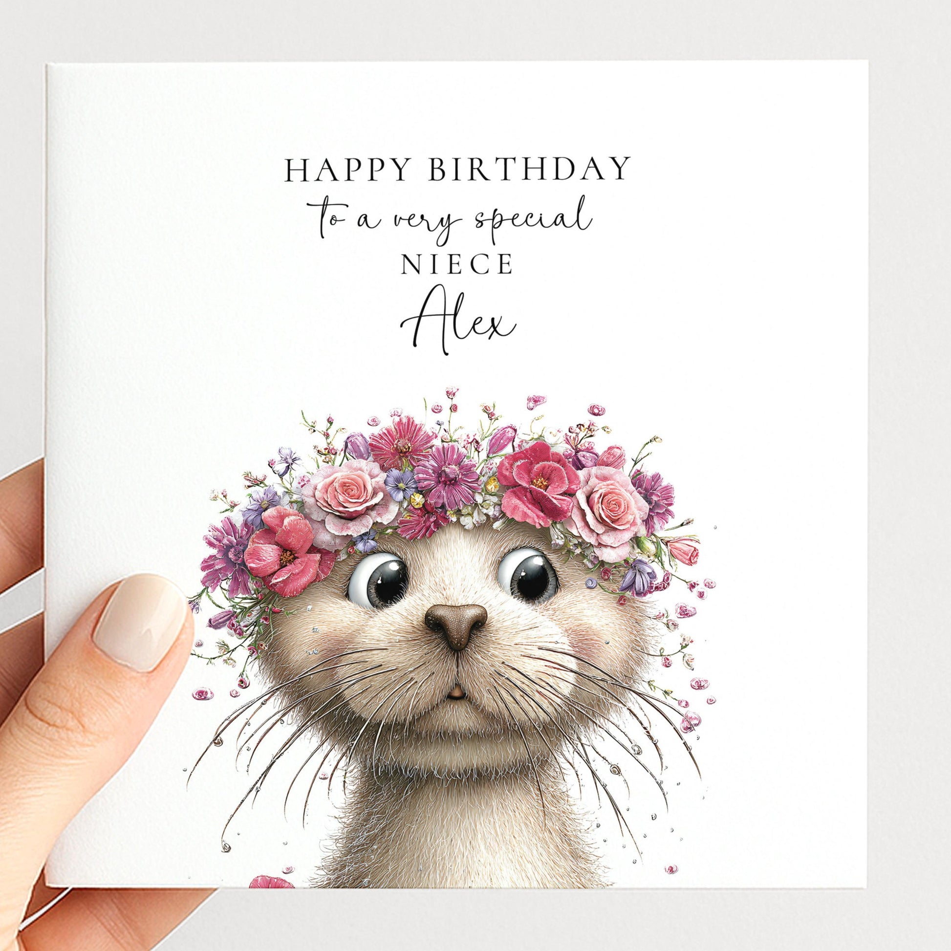 Birthday Card Niece – Personalised Floral Otter Design | Custom Name Card
