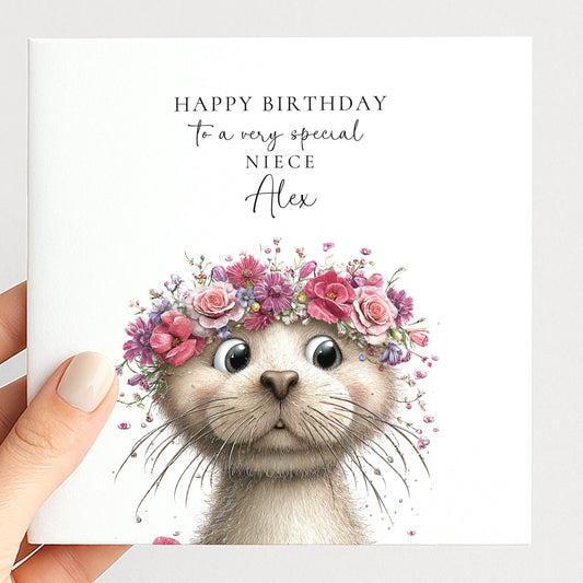 Birthday Card Niece – Personalised Floral Otter Design | Custom Name Card