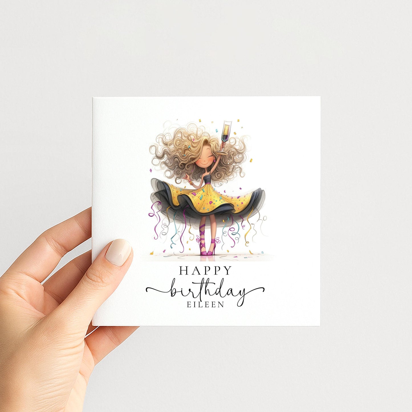 Birthday Card – Personalised Party Girl Design With Confetti & Glamour