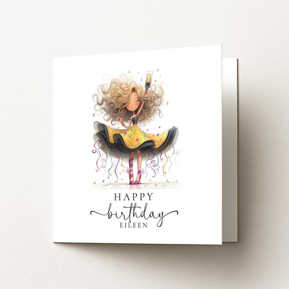 Birthday Card – Personalised Party Girl Design With Confetti & Glamour