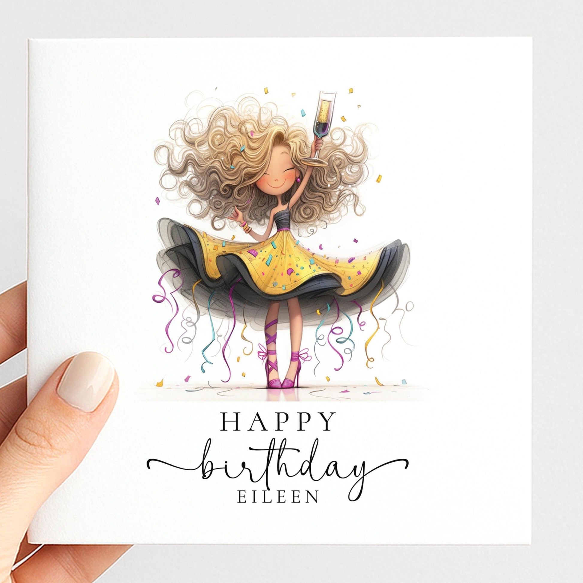 Birthday Card – Personalised Party Girl Design With Confetti & Glamour