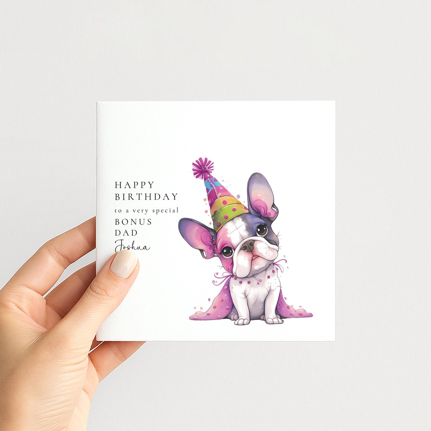 Bonus Dad Birthday Card – Personalised Name, Cute Dog Illustration & Matte Finish
