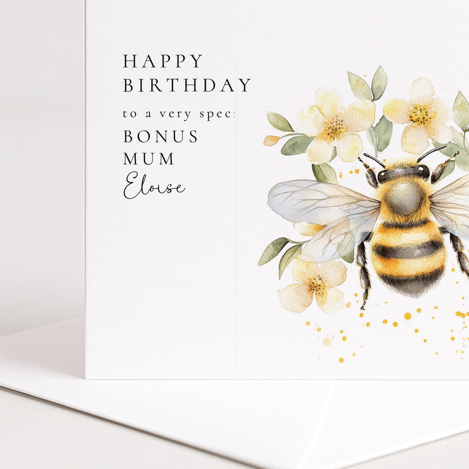 Bonus Mum Birthday Card – Personalised Floral Bee Design With Envelope