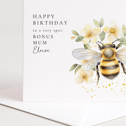 Bonus Mum Birthday Card – Personalised Floral Bee Design With Envelope